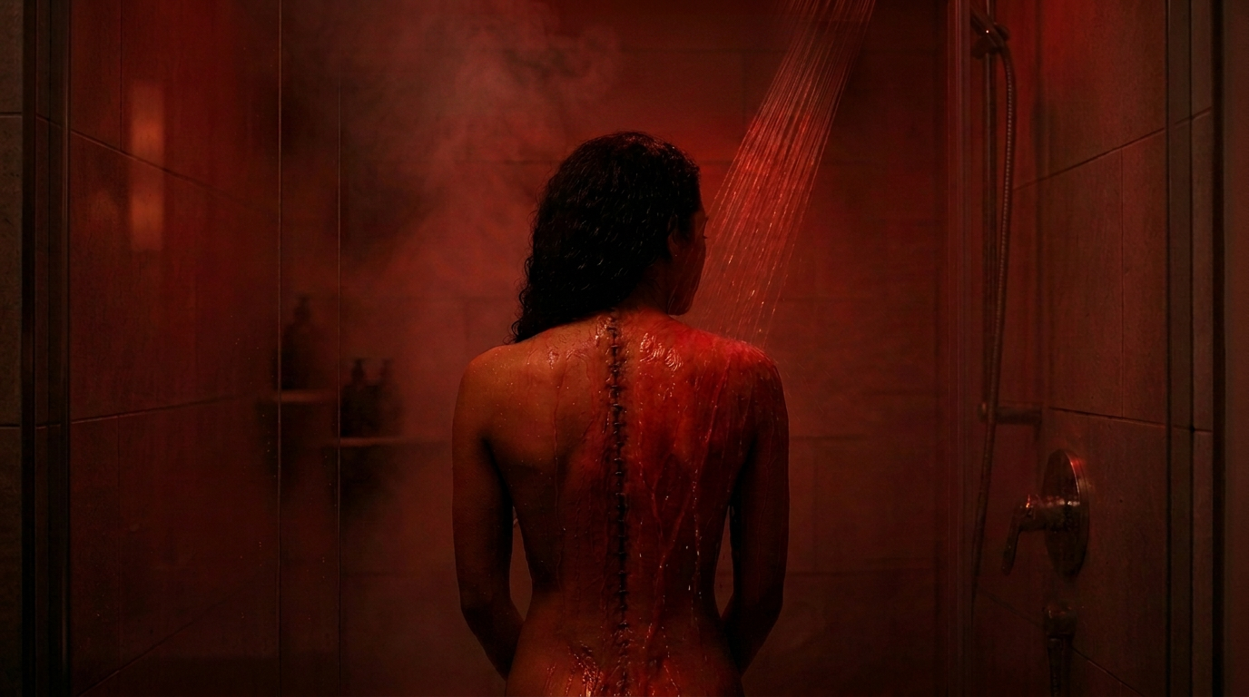 Liza in the shower, washing blood from a stitched spine